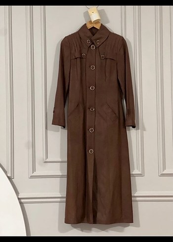 Düğmeli Kahverengi Süet Kadın Uzun Kaban - Görsel 3