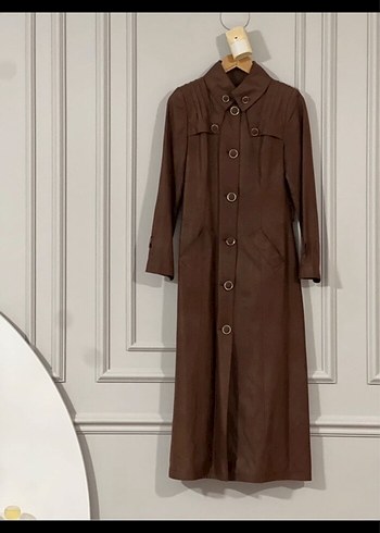 Düğmeli Kahverengi Süet Kadın Uzun Kaban - Görsel 2