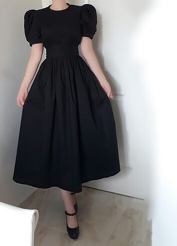 m Beden Sıfır Balon Kollu Siyah Gotik Vintage Elbise