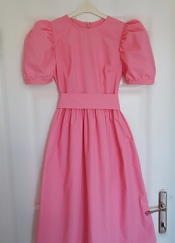 m Beden Balon Kollu Pembe Vintage Elbise