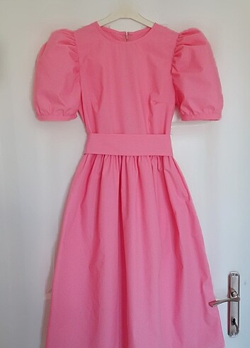 Balon Kollu Pembe Vintage Elbise