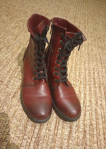 Bordo Deri Kadın Bot, Tokalı, Kalın Topuklu - Görsel 5