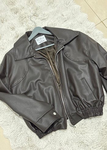 Kahverengi Deri Kısa Fermuarlı Ceket - Görsel 5