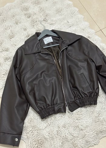 Kahverengi Deri Kısa Fermuarlı Ceket - Görsel 4