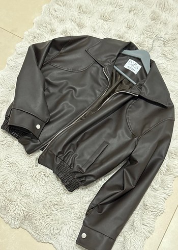 Kahverengi Deri Kısa Fermuarlı Ceket - Görsel 6