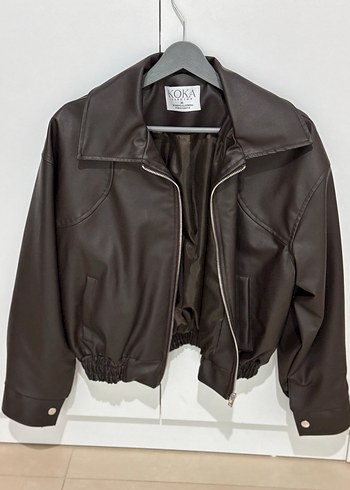 Kahverengi Deri Kısa Fermuarlı Ceket - Görsel 2