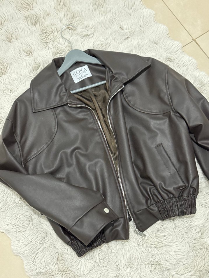 Kahverengi Deri Kısa Fermuarlı Ceket - Görsel 5