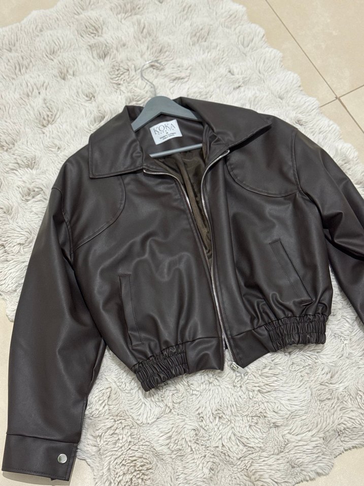 Kahverengi Deri Kısa Fermuarlı Ceket - Görsel 4