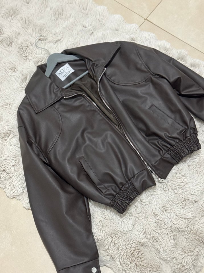 Kahverengi Deri Kısa Fermuarlı Ceket - Görsel 3