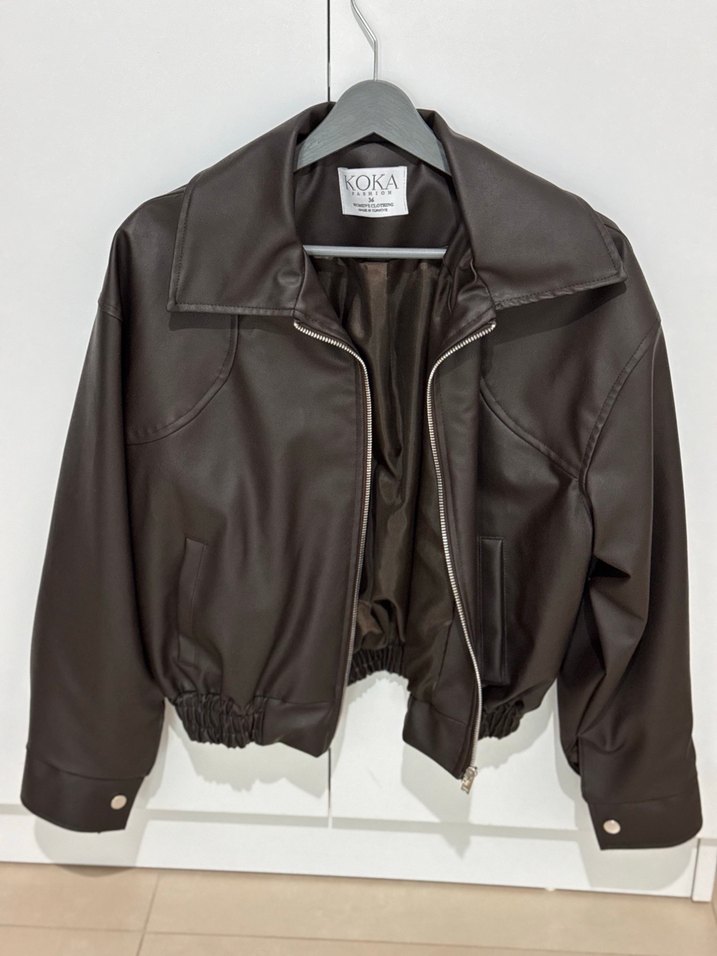 Kahverengi Deri Kısa Fermuarlı Ceket - Görsel 2