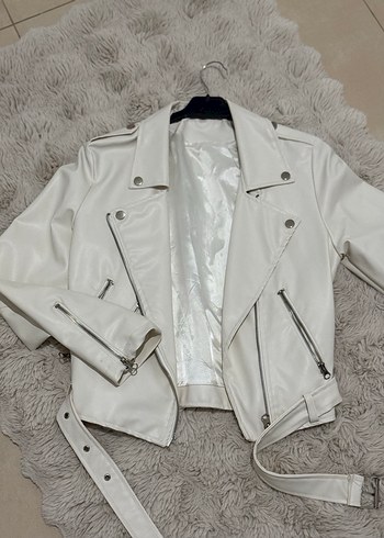 Kadın Beyaz Suni Deri Ceket - Görsel 3