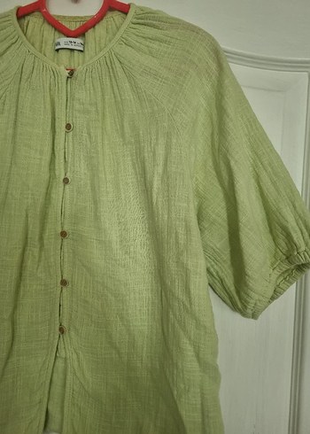 Düğmeli Yeşil Keten Bohem Gömlek - Görsel 3