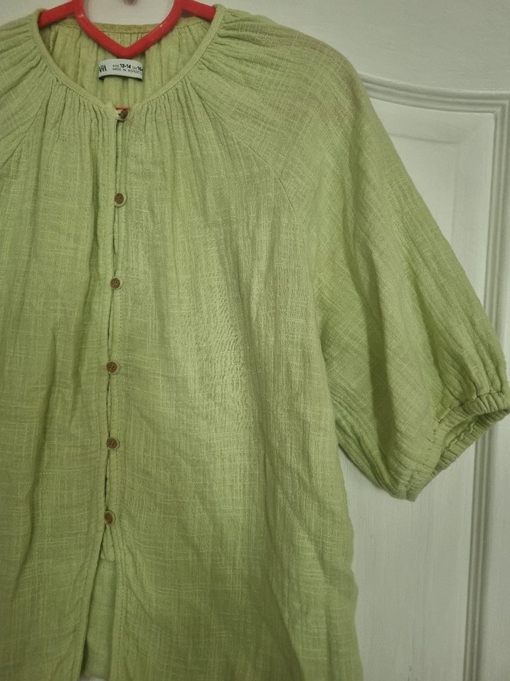 Düğmeli Yeşil Keten Bohem Gömlek - Görsel 3