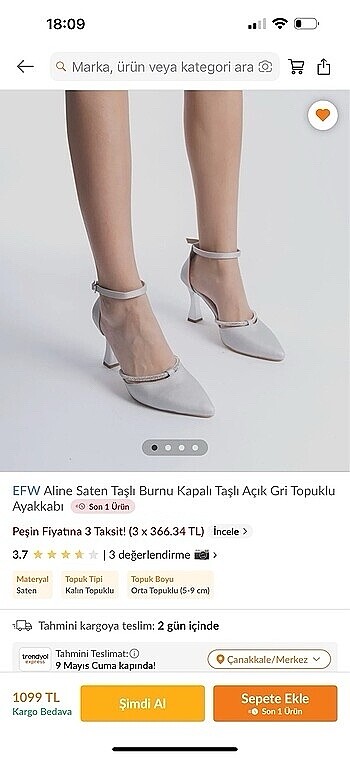 Saten Taşlı Burnu Kapalı Gri Topuklu Ayakkabı