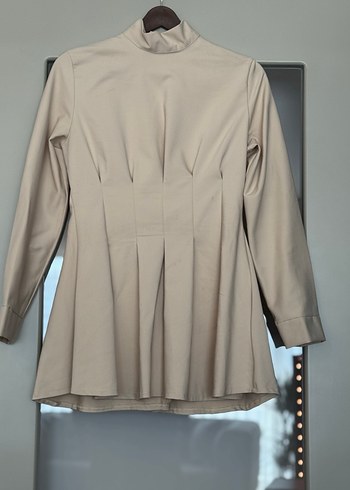 Özel dikim Bej Yüksek Yakalı pileli Bluzu - Görsel 2