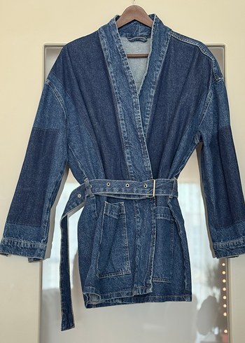 Kadın Kemerli Midi Kot Ceket - Görsel 4