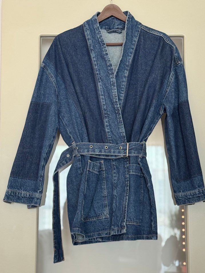 Kadın Kemerli Midi Kot Ceket - Görsel 4