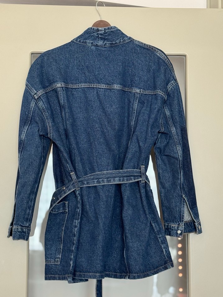 Kadın Kemerli Midi Kot Ceket - Görsel 3