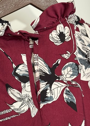 Bordo Çiçek Desenli Uzun Kollu Bluz - Görsel 7