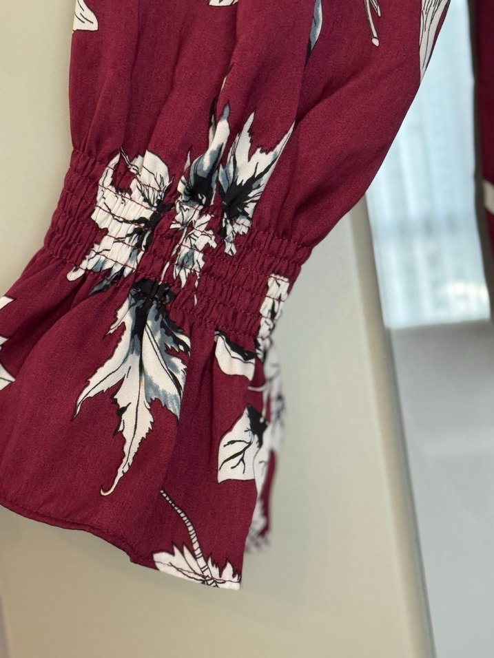 Bordo Çiçek Desenli Uzun Kollu Bluz - Görsel 3