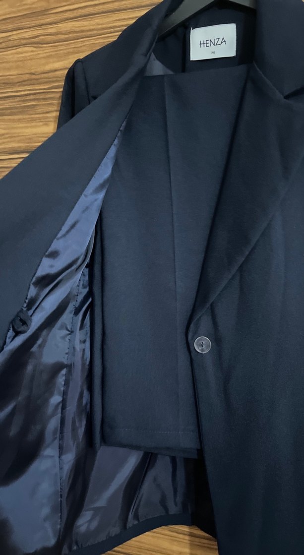 Lacivert Kadın Düğmeli Midi Blazer Ceket takım - Görsel 2