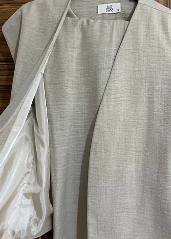 Bej Keten Kadın Uzun Kesim Yelek takım - Görsel 2