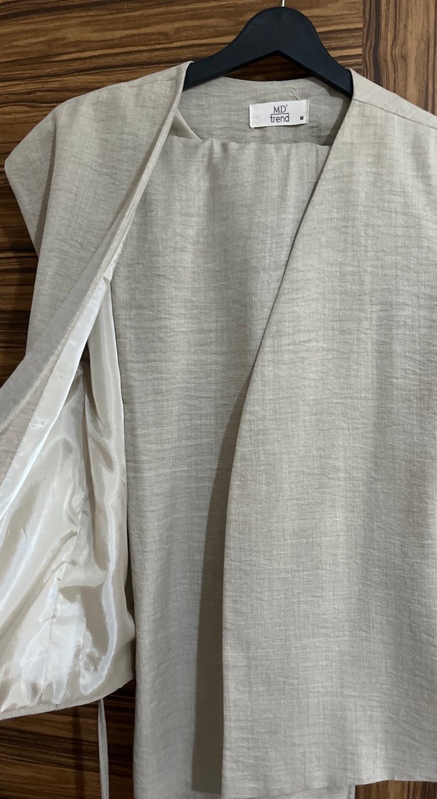 Bej Keten Kadın Uzun Kesim Yelek takım - Görsel 2