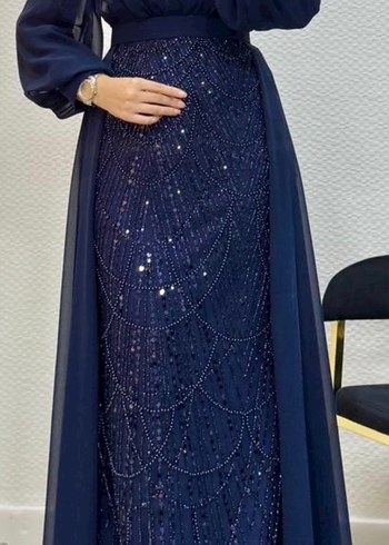 Boncuk İşlemeli Lacivert Uzun Abiye Elbise - Görsel 2