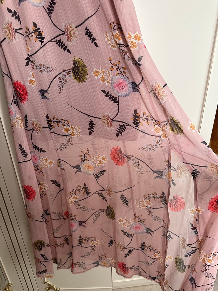 Pembe Çiçek Desenli Uzun Bohem Elbise - Görsel 2