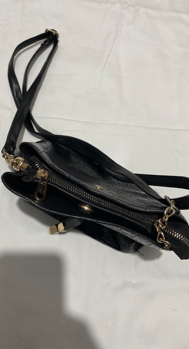 Siyah Deri Yılan Desenli Tokalı Kadın Çanta - Görsel 3