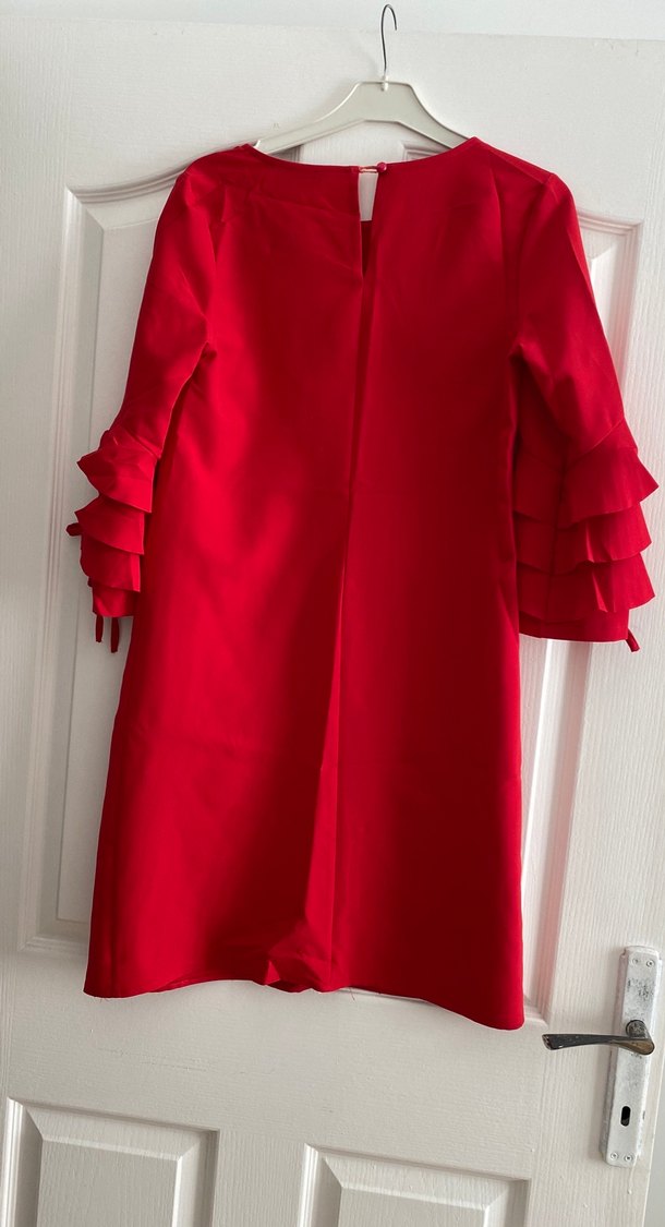 Uzun Kollu, Fırfırlı Kırmızı Kadın Elbise - Görsel 4