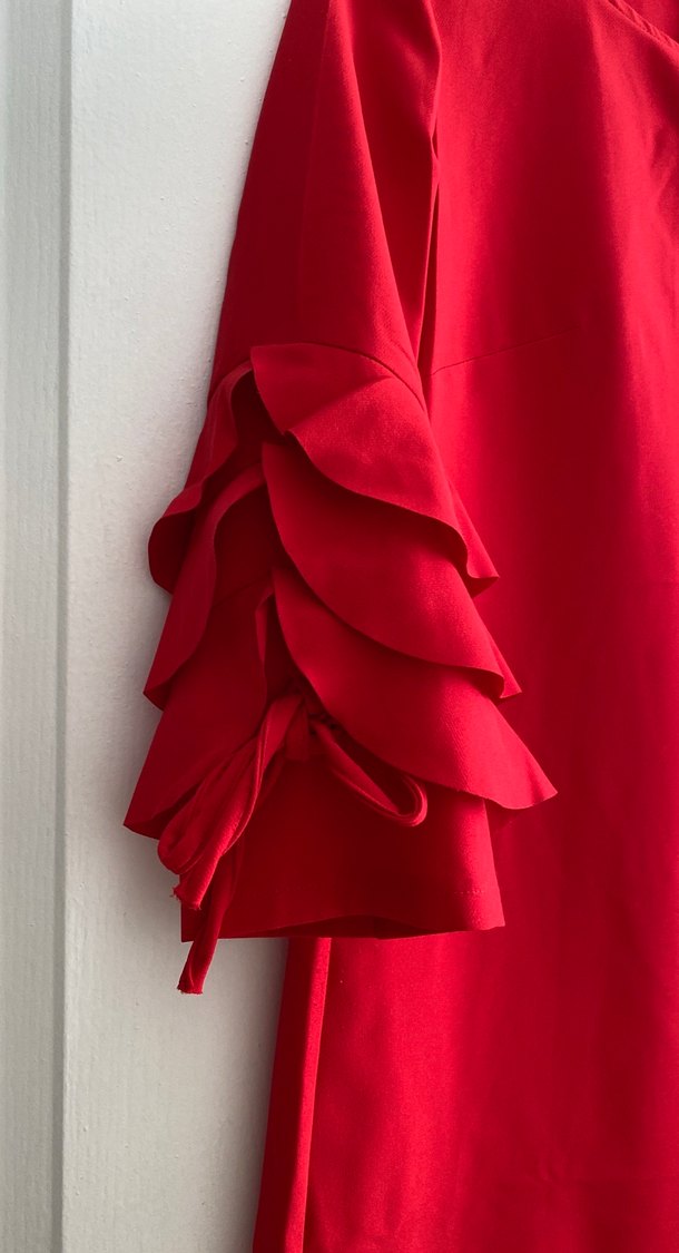 Uzun Kollu, Fırfırlı Kırmızı Kadın Elbise - Görsel 2