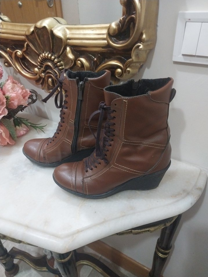 Kahverengi Deri Vintage Kadın Bot - Görsel 3