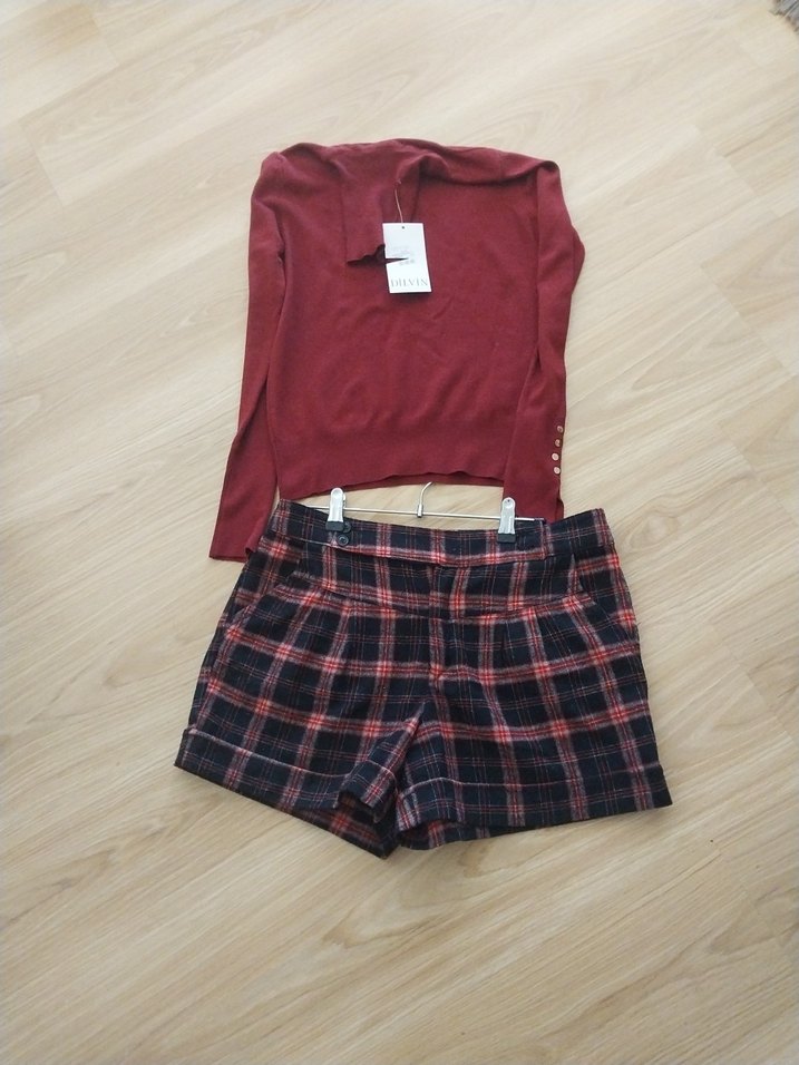 Kadın Kırmızı Ekose Mini Şort - Görsel 5