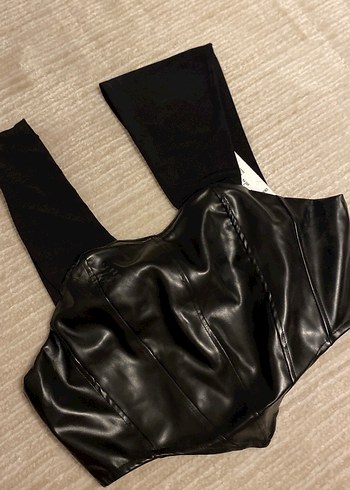 Kadın Siyah Deri Strappy Bustier - Görsel 3