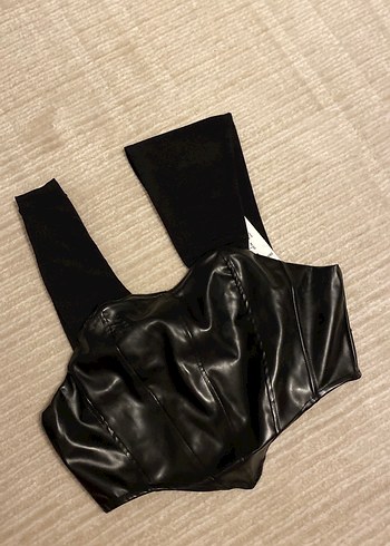 Kadın Siyah Deri Strappy Bustier - Görsel 2