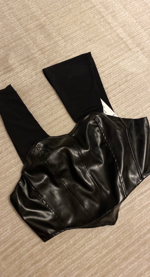 Kadın Siyah Deri Strappy Bustier - Görsel 3