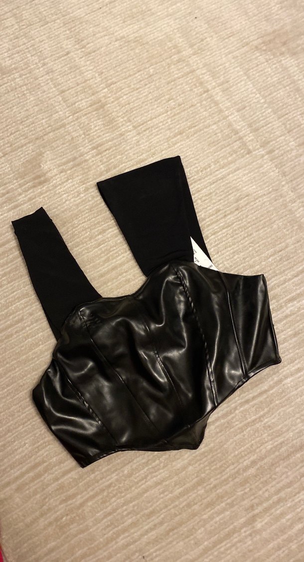 Kadın Siyah Deri Strappy Bustier - Görsel 2