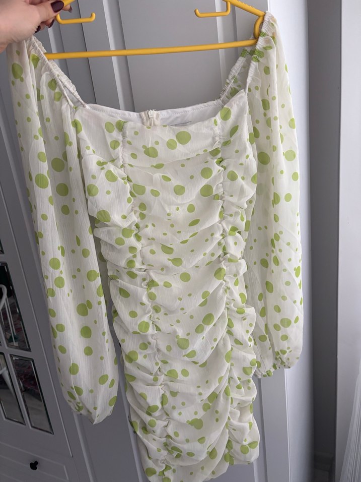 Uzun Kollu Yeşil Drapeli Mini Elbise - Görsel 2