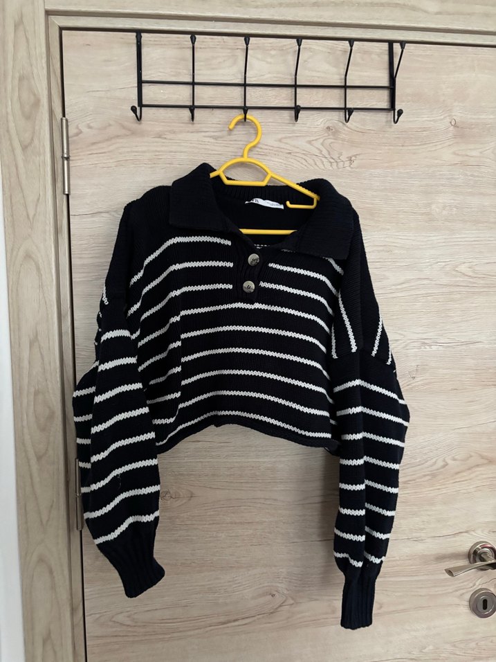 Zara Düğmeli Çizgili Triko Kazak - Görsel 2
