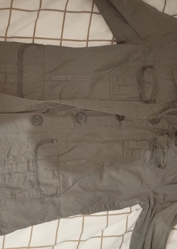 Gri Keten Düğmeli Midi Ceket - Görsel 5