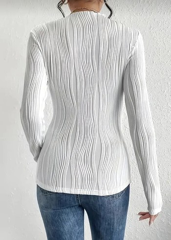 Beyaz Kadın Keten Pliseli Uzun Kollu Kazak - Görsel 2