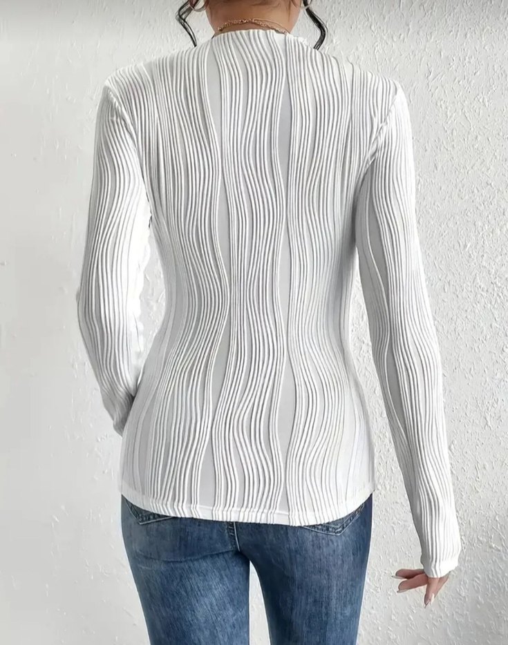 Beyaz Kadın Keten Pliseli Uzun Kollu Kazak - Görsel 2