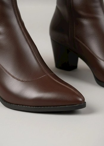 Kahverengi Deri Kadın Topuklu Bot - Görsel 5