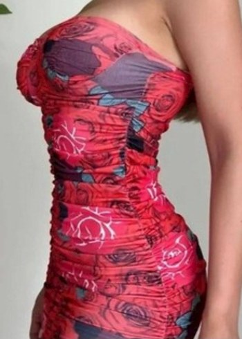 Pembe Çiçekli Straplez Mini Elbise - Görsel 2