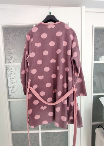 Puantiyeli Pembe kahve Uzun Kollu Salaş Kadın Sabahlık - Görsel 4