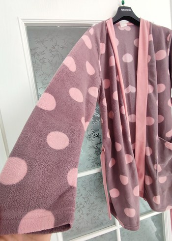 Puantiyeli Pembe kahve Uzun Kollu Salaş Kadın Sabahlık - Görsel 3