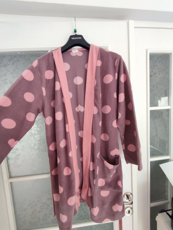 Puantiyeli Pembe kahve Uzun Kollu Salaş Kadın Sabahlık - Görsel 2