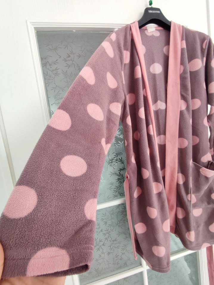 Puantiyeli Pembe kahve Uzun Kollu Salaş Kadın Sabahlık - Görsel 3