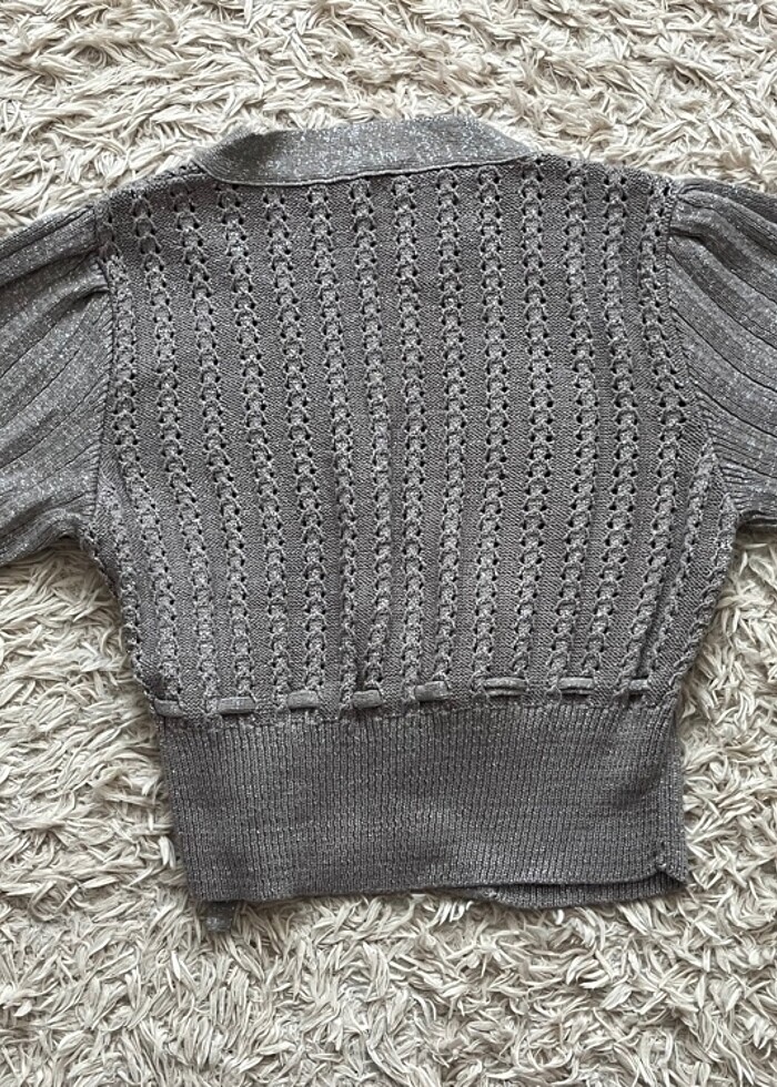 Kadın gri simli triko kısa kollu bolero - Görsel 2